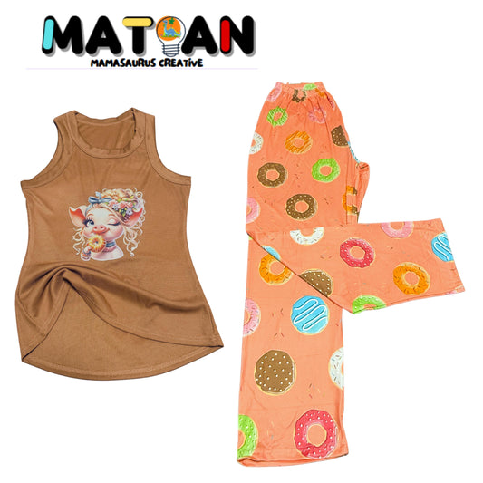 Women's Donut Piggy Pajama Set – Caramel Ribbed Tank, Lounge Pants
