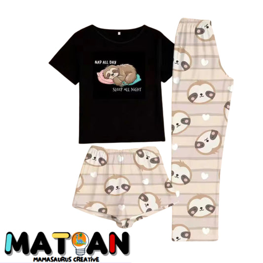 Sleepy Sloth Pajama Set – Cozy 3‑Piece Soft Sleepwear | Cute Women’s Pajamas | Unisex Loungewear | Gift for Her