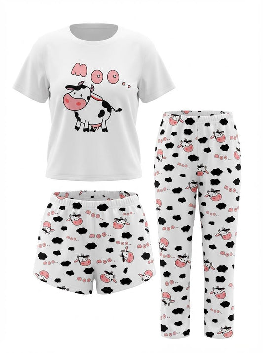 Cow Pajama Set – Women's 3-Piece "MOO" Cartoon Sleepwear for women