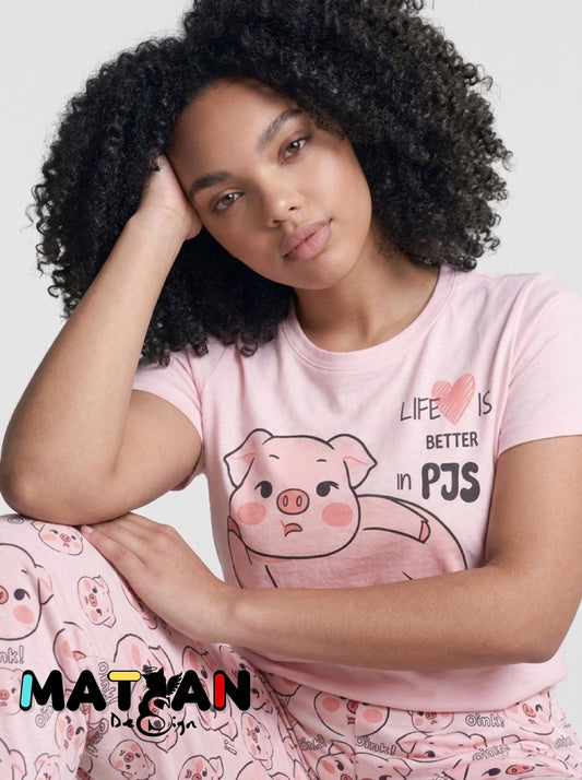 Pink Pig Pajama Set | “Life Is Better in PJs” | Cute Oink Sleepwear for Women | Soft & Cozy Gift for Her