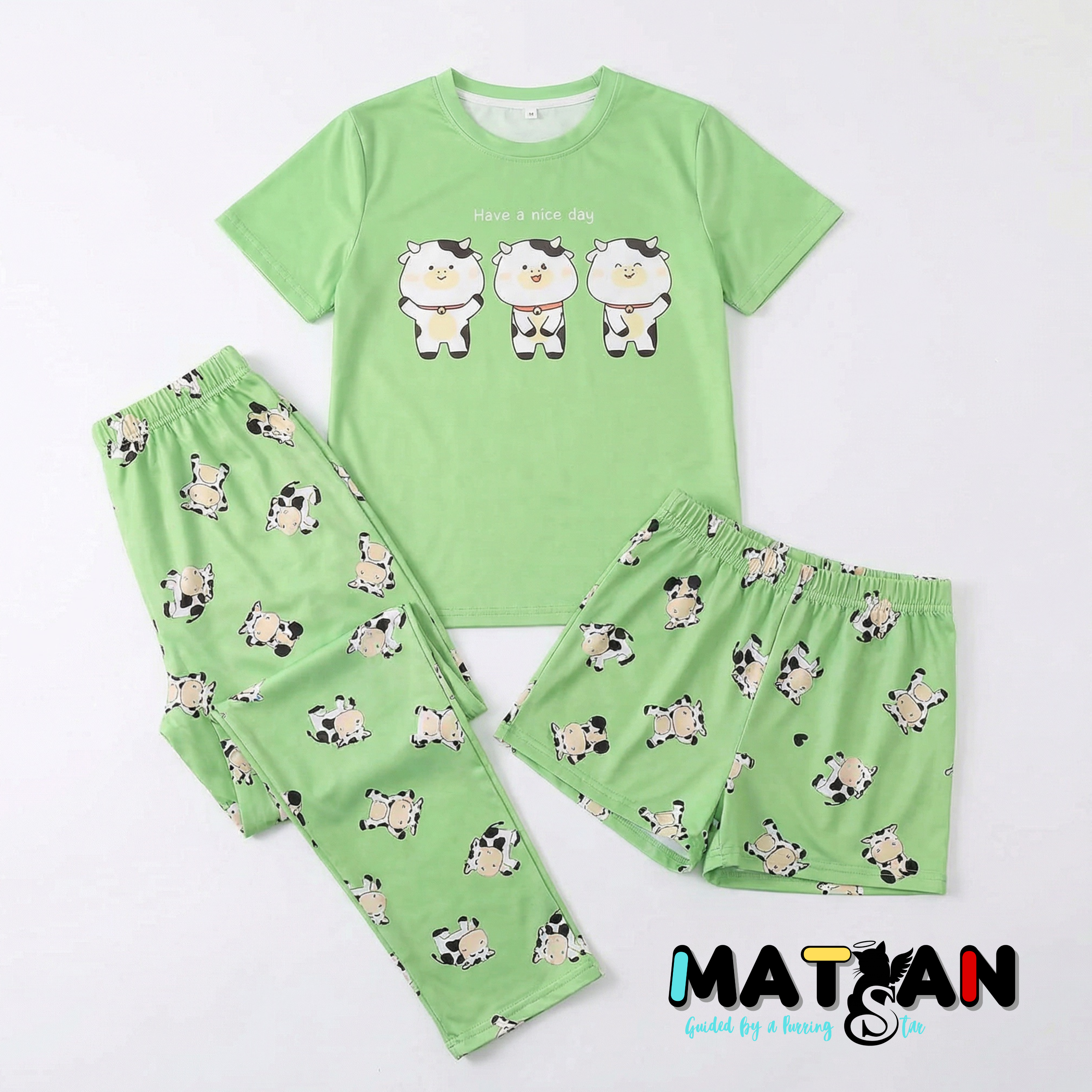 Cartoon Cow Pajama Set • Green 3-Piece Sleepwear for women