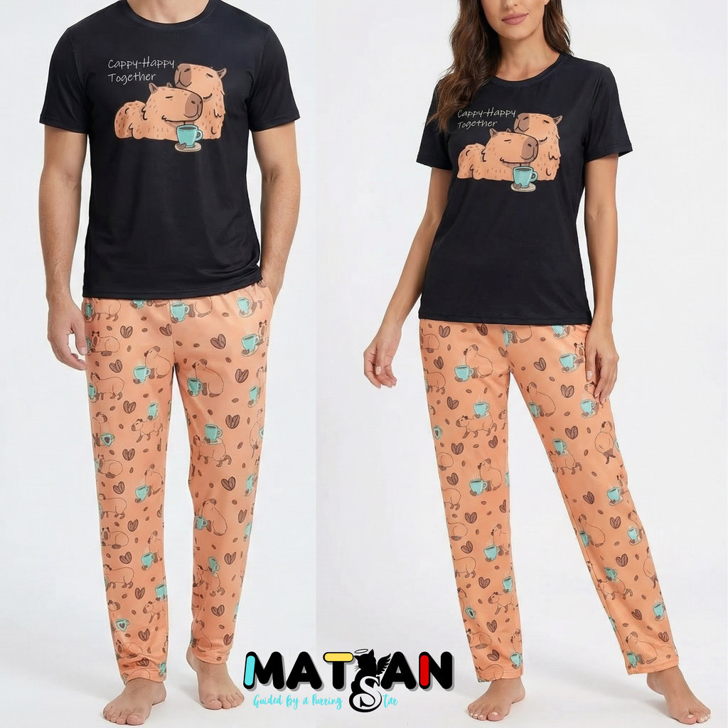 Capybara Pajama Set • Matching Couple PJs, Cappy Happy Together