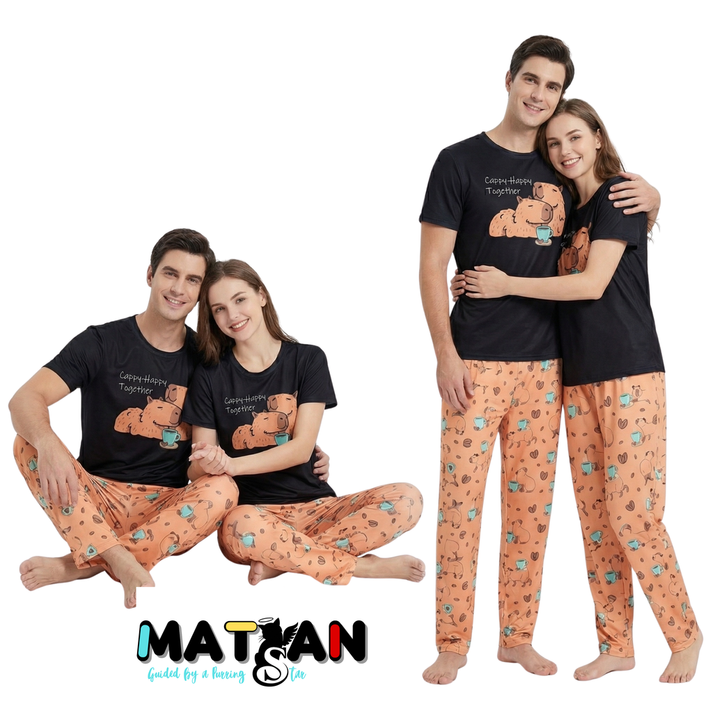 Capybara Pajama Set • Matching Couple PJs, Cappy Happy Together
