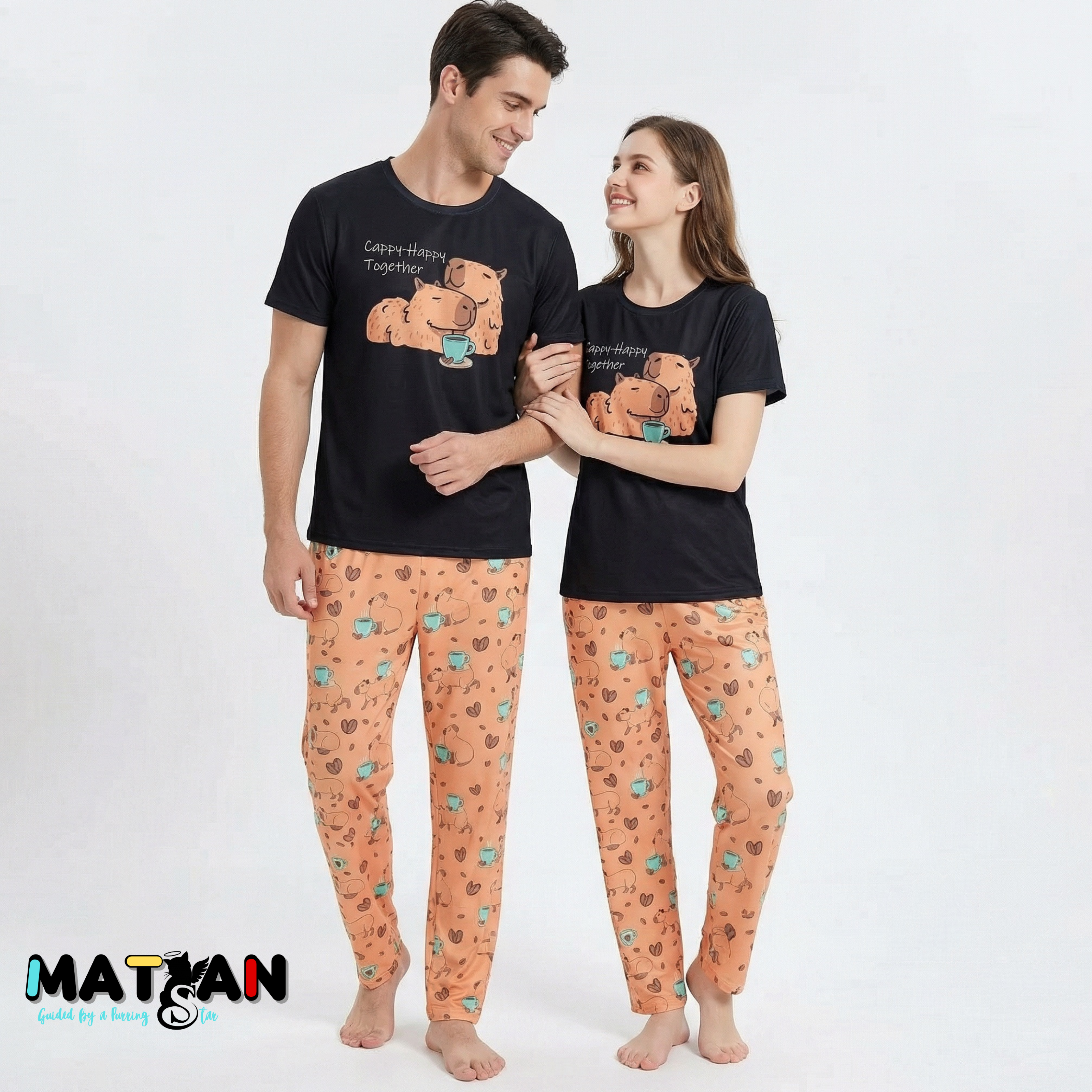 Capybara Pajama Set • Matching Couple PJs, Cappy Happy Together
