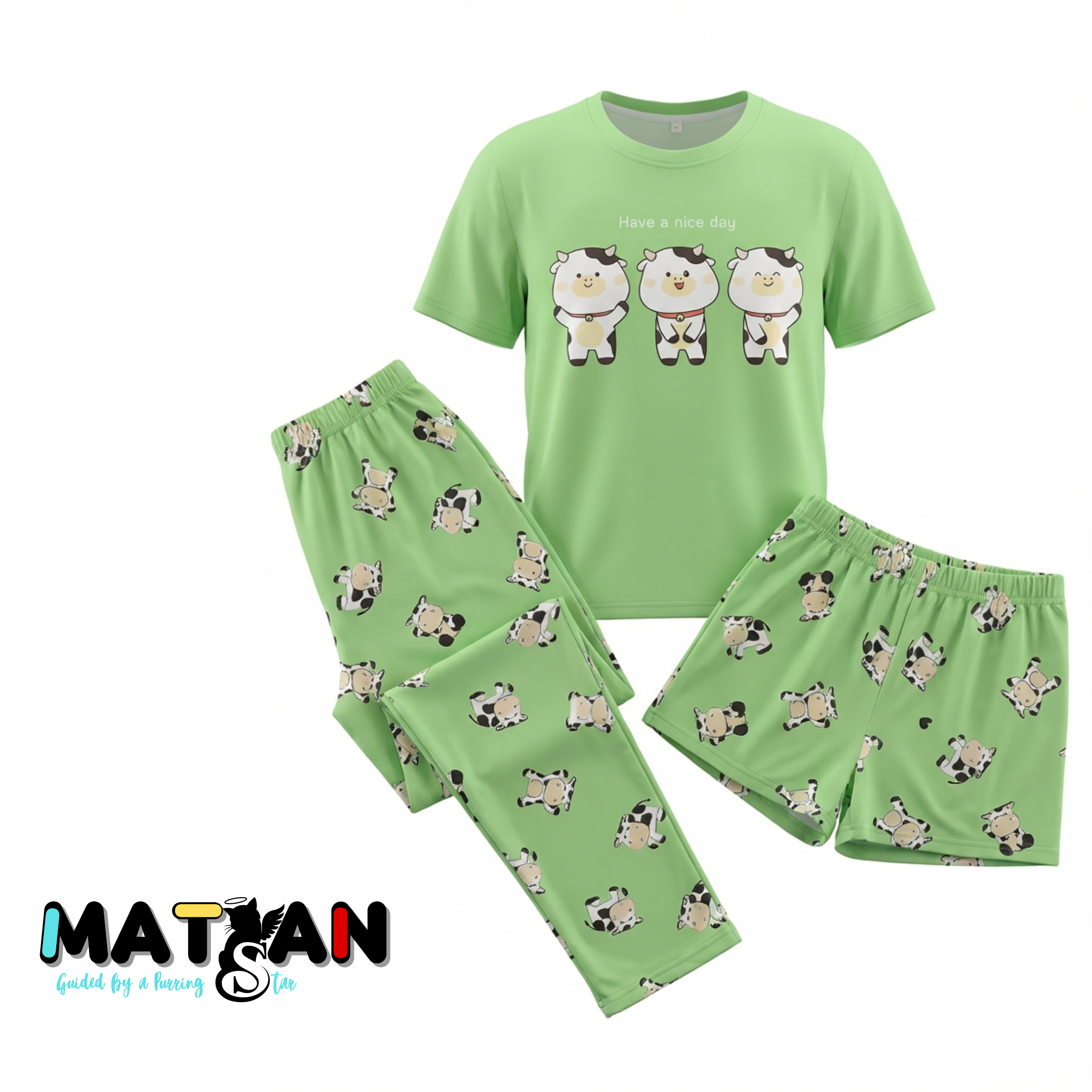 Cartoon Cow Pajama Set • Green 3-Piece Sleepwear for women