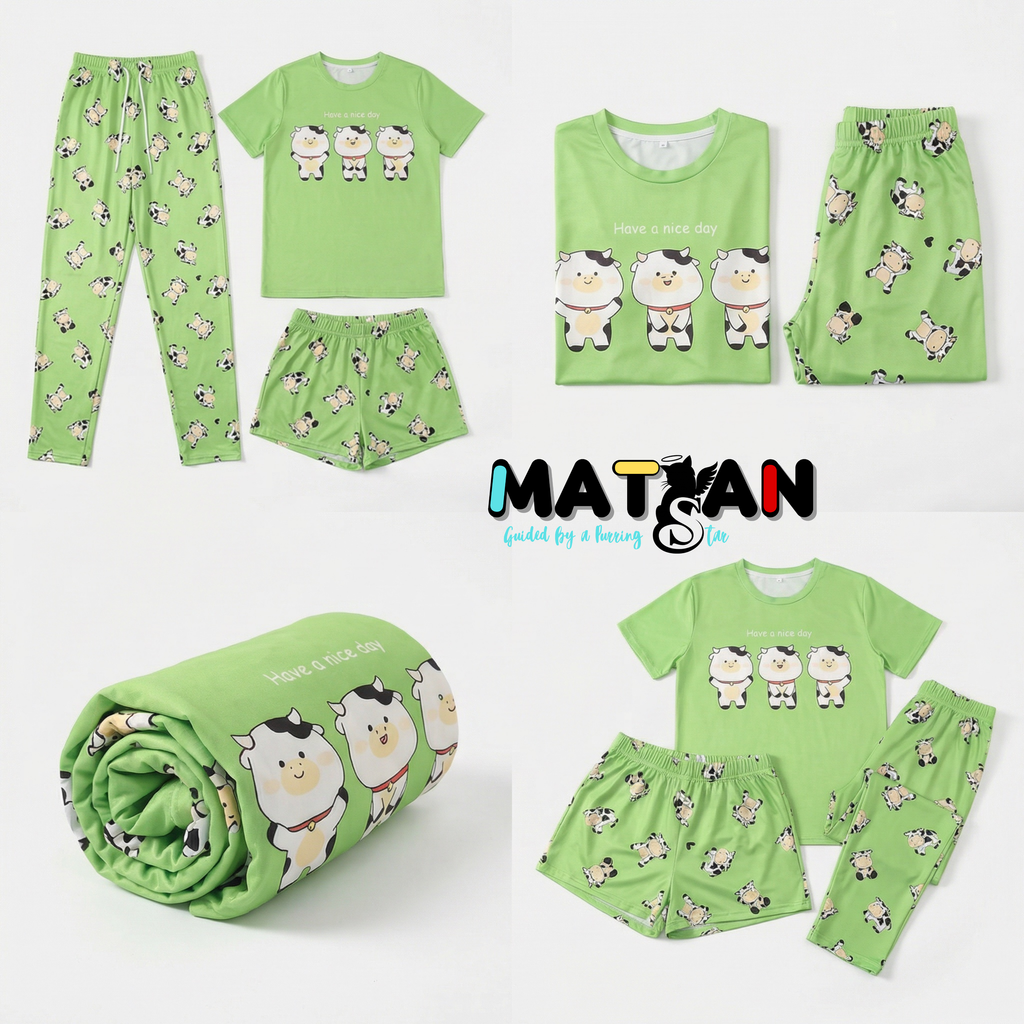 Cartoon Cow Pajama Set • Green 3-Piece Sleepwear for women