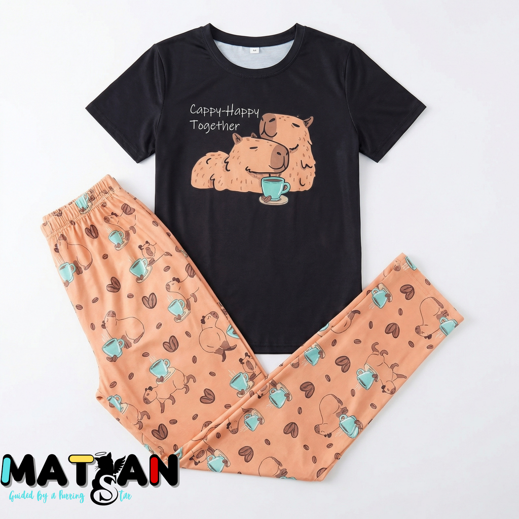 Capybara Pajama Set • Matching Couple PJs, Cappy Happy Together
