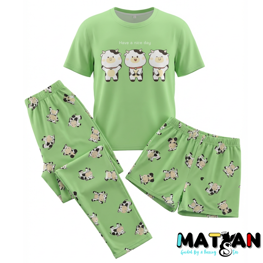 Cartoon Cow Pajama Set • Green 3-Piece Sleepwear for women