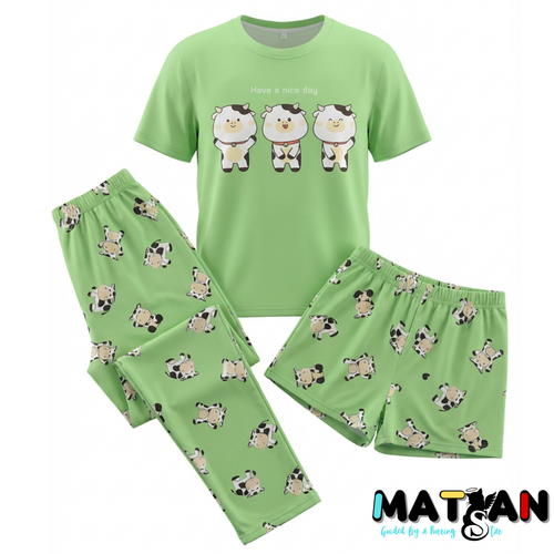 Cartoon Cow Pajama Set • Green 3-Piece Sleepwear for women