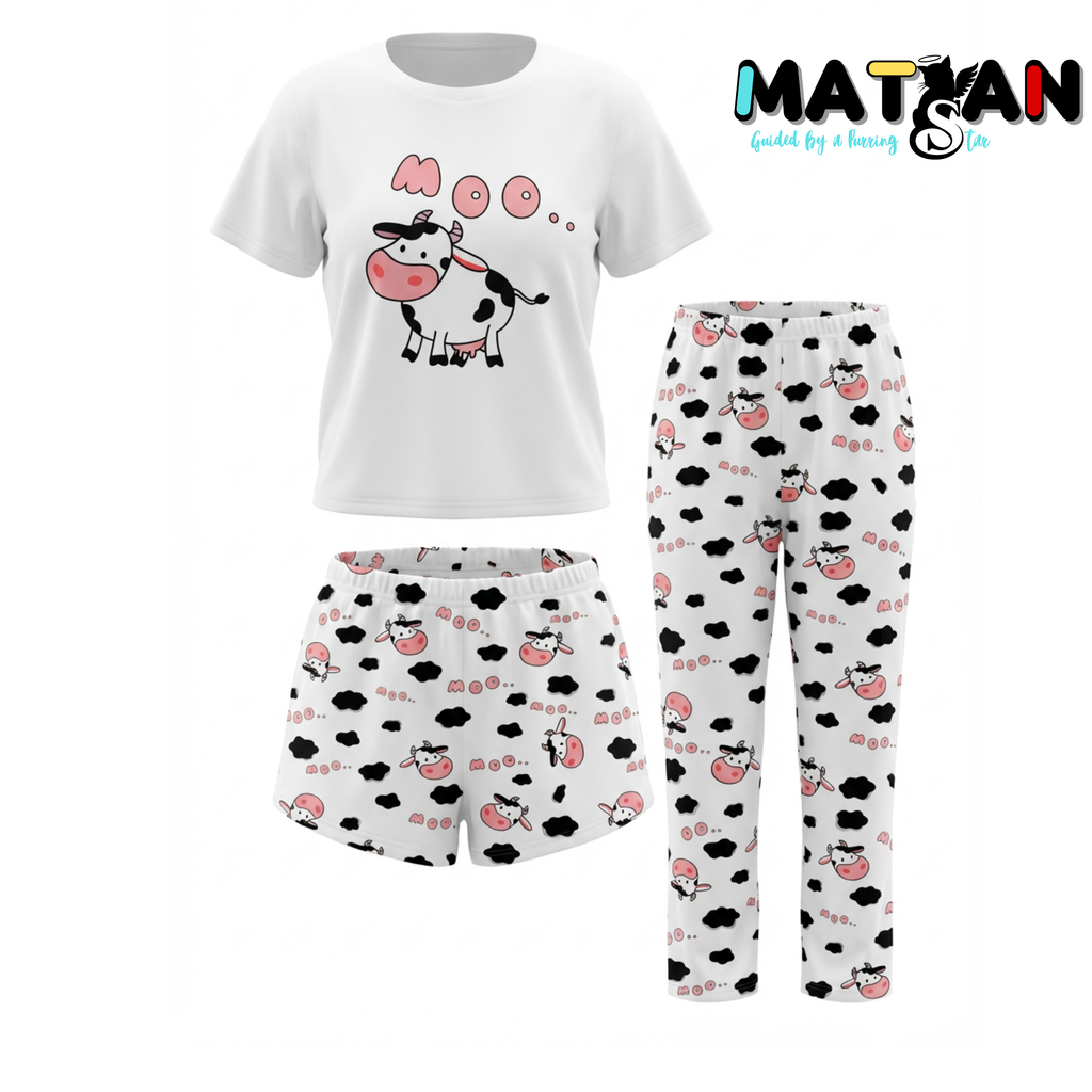 Moo Cow Mood Pajama — Women’s Cozy 3‑Pieces Set