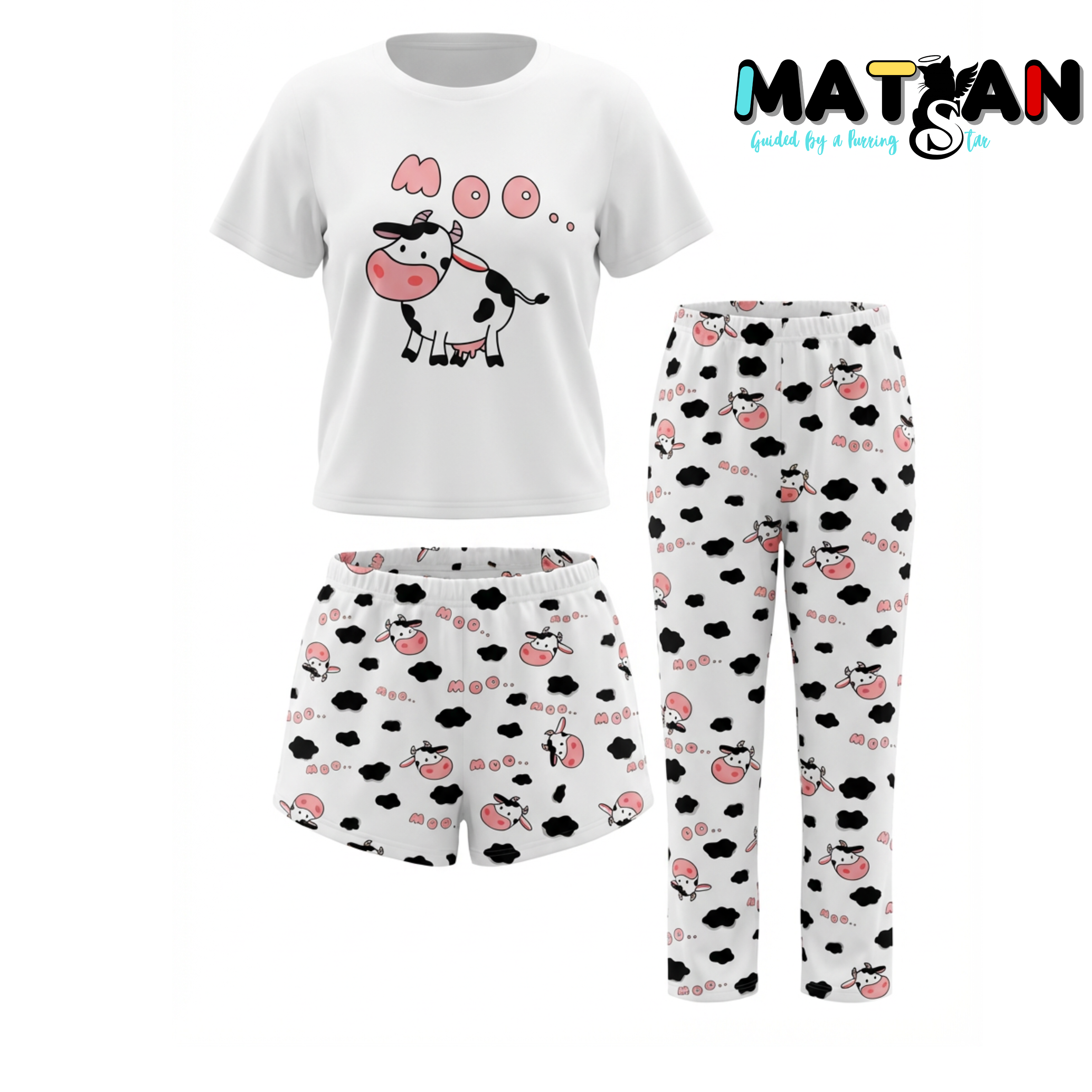 Moo Cow Mood Pajama — Women’s Cozy 3‑Pieces Set