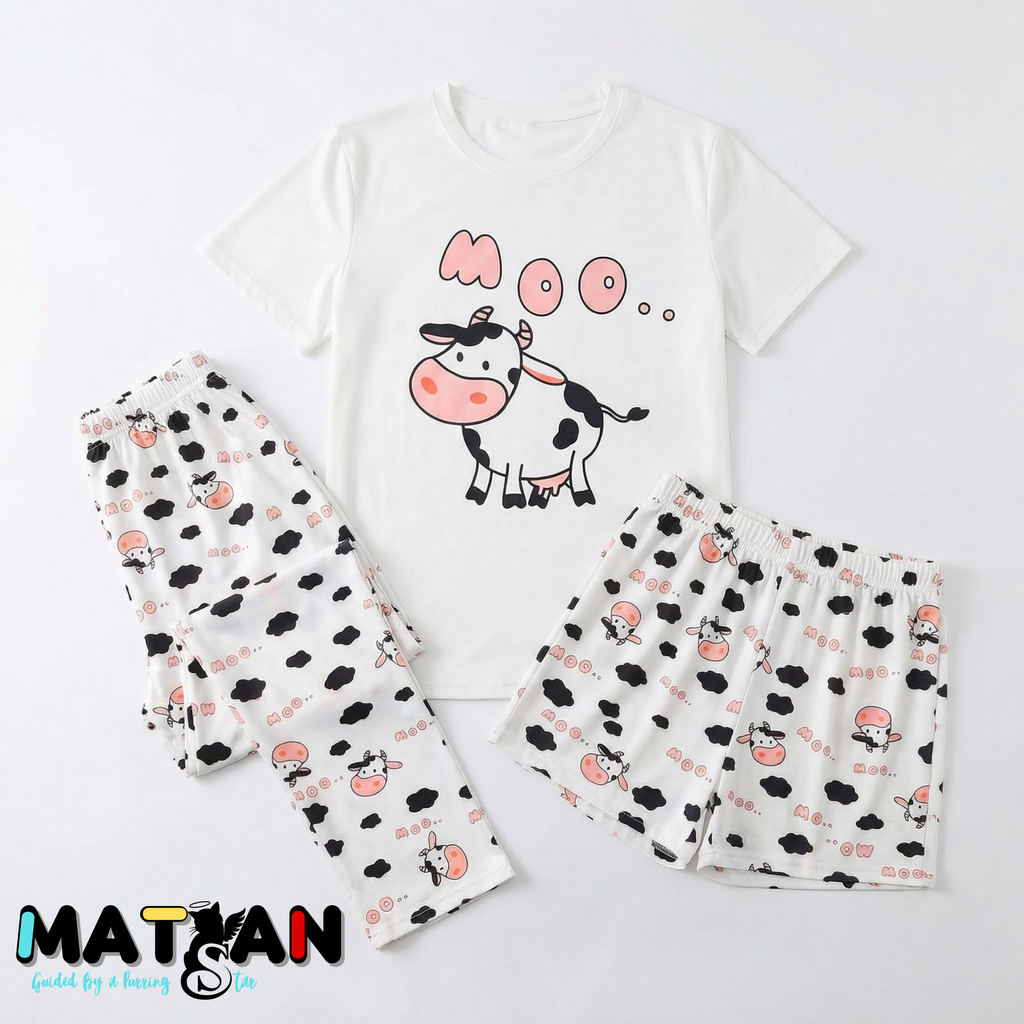 Moo Cow Mood Pajama — Women’s Cozy 3‑Pieces Set