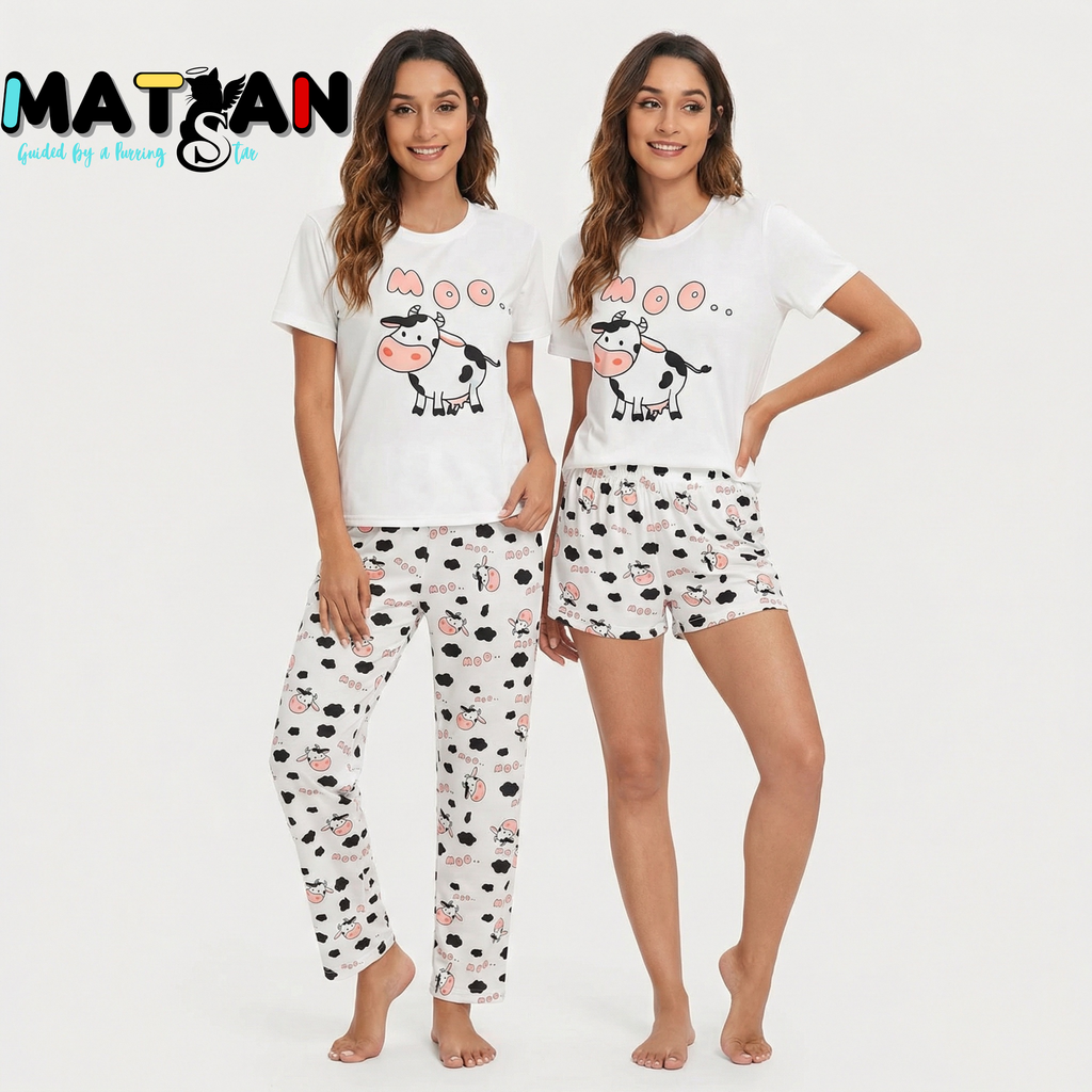 Moo Cow Mood Pajama — Women’s Cozy 3‑Pieces Set