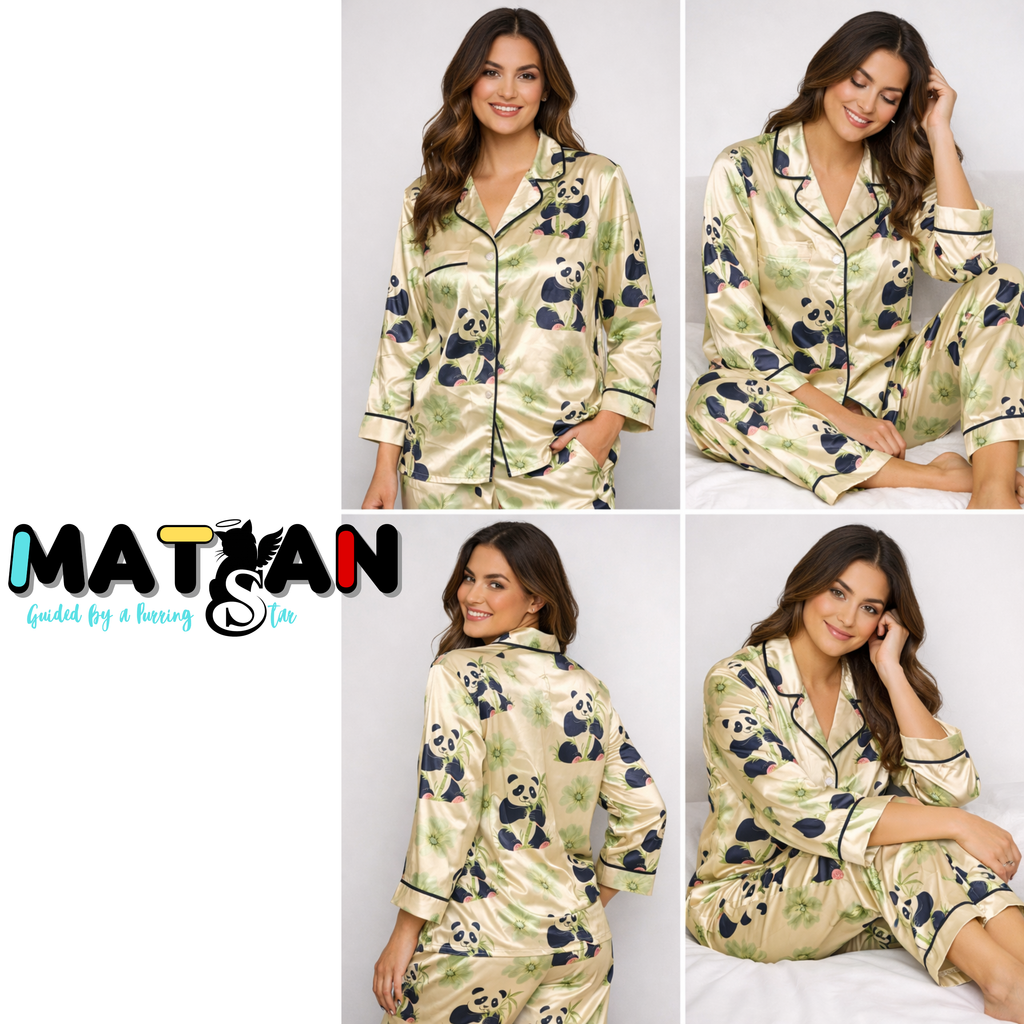 Golden Panda Dream — Women's Satin Pajama Set - 2 Pieces Set