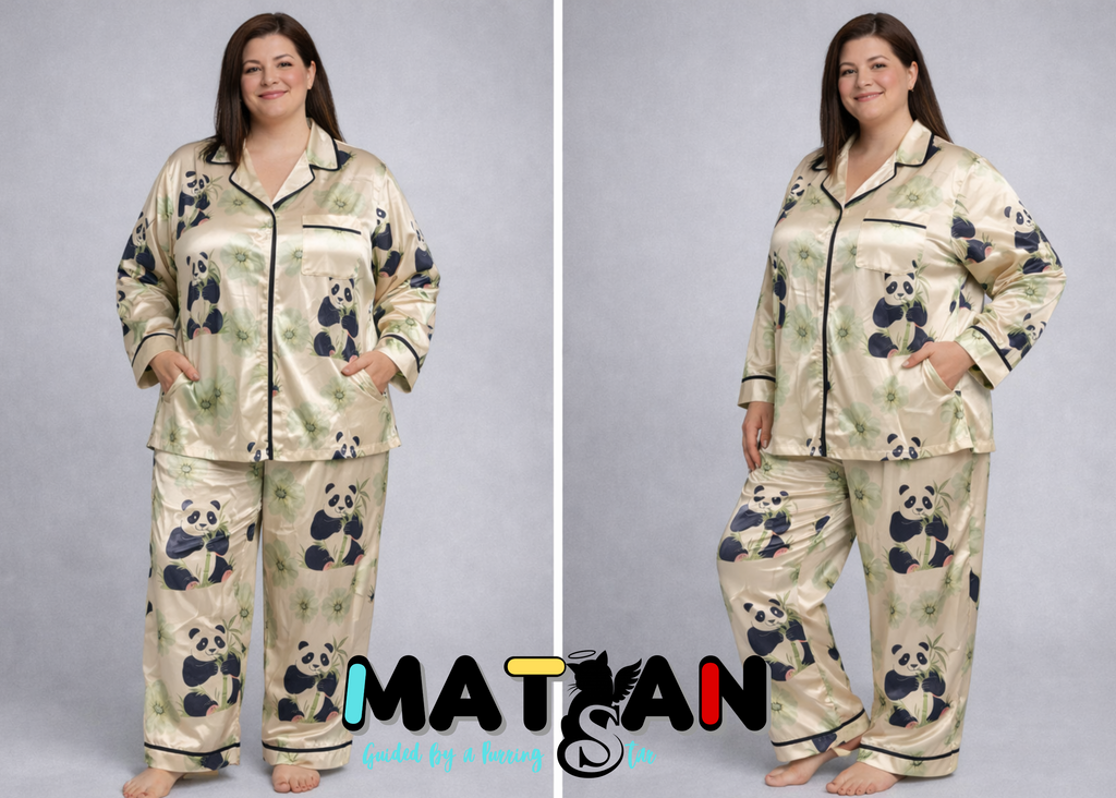 Golden Panda Dream — Women's Satin Pajama Set - 2 Pieces Set