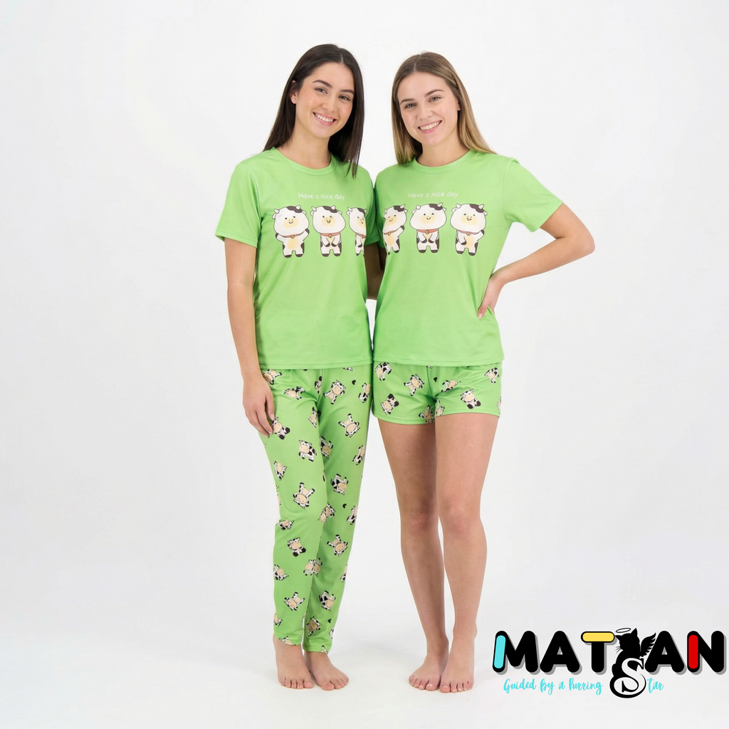 Cartoon Cow Pajama Set • Green 3-Piece Sleepwear for women