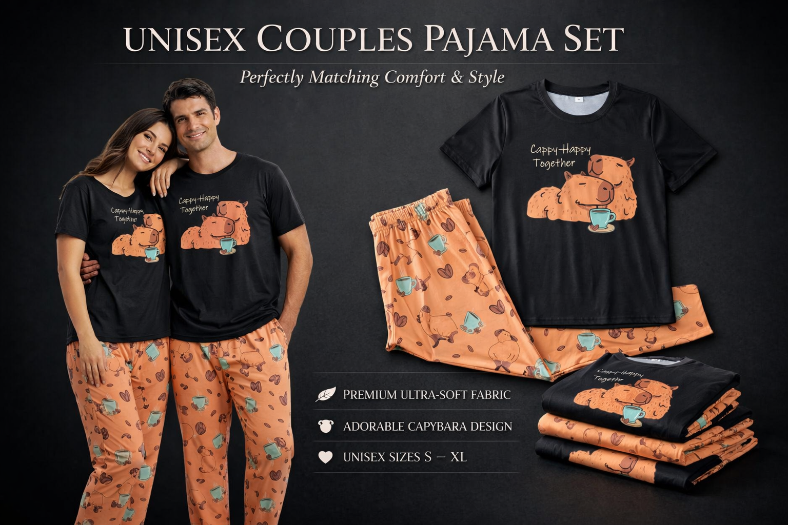 Capybara Pajama Set • Matching Couple PJs, Cappy Happy Together
