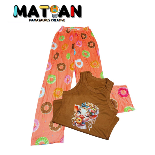Women's Donut Piggy Pajama Set – Caramel Ribbed Tank, Lounge Pants