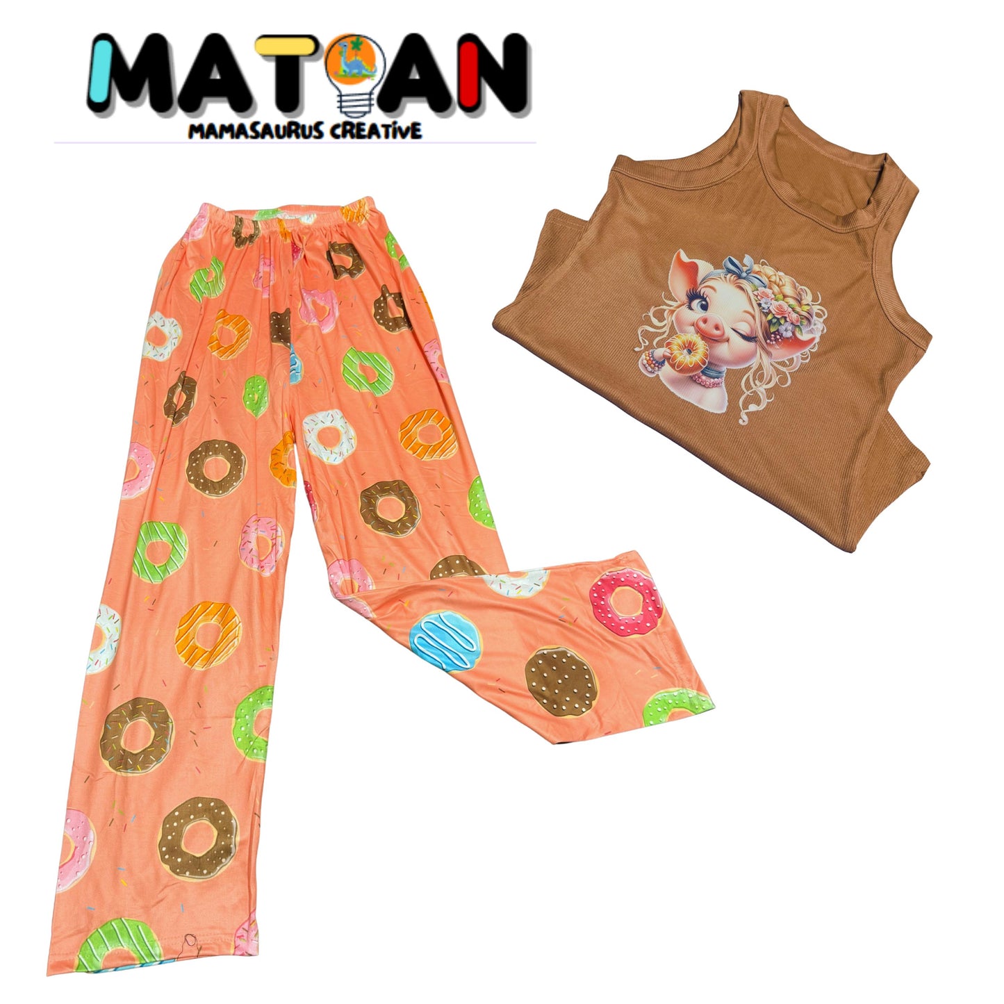 Women's Donut Piggy Pajama Set – Caramel Ribbed Tank, Lounge Pants