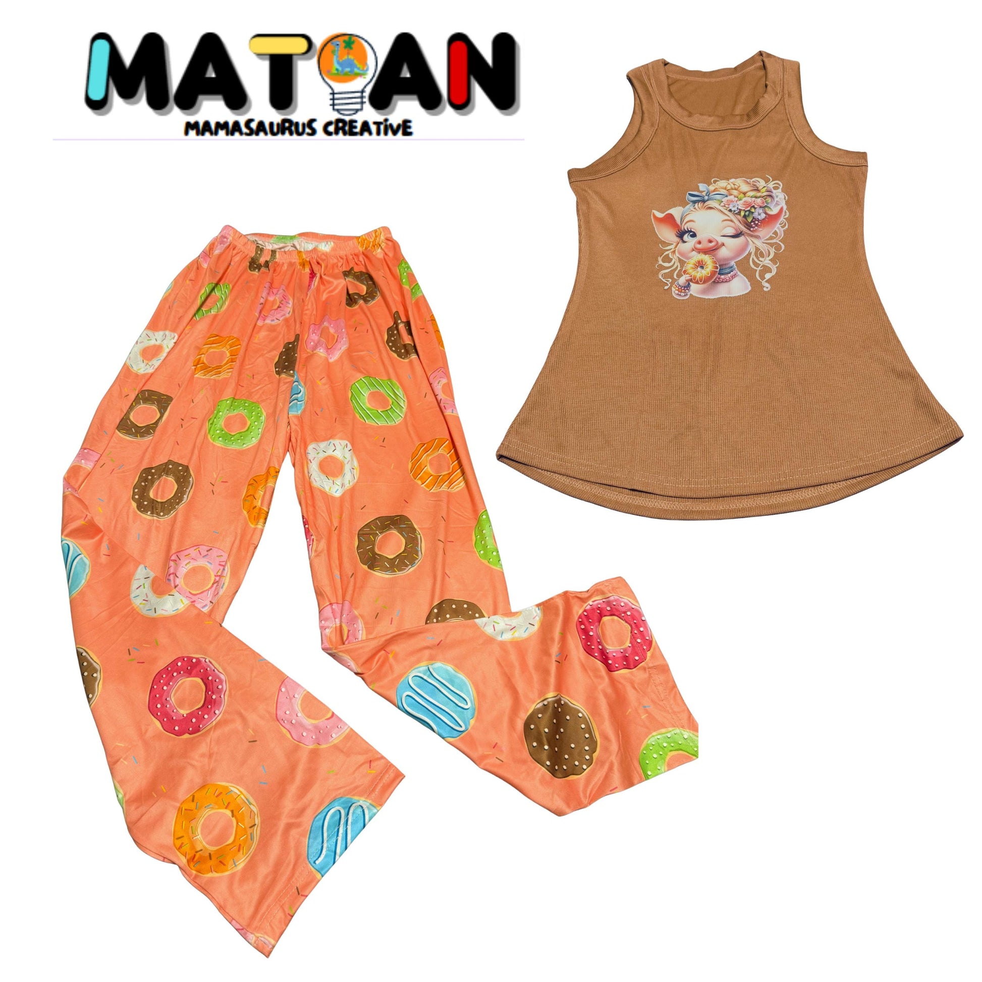 Women's Donut Piggy Pajama Set – Caramel Ribbed Tank, Lounge Pants