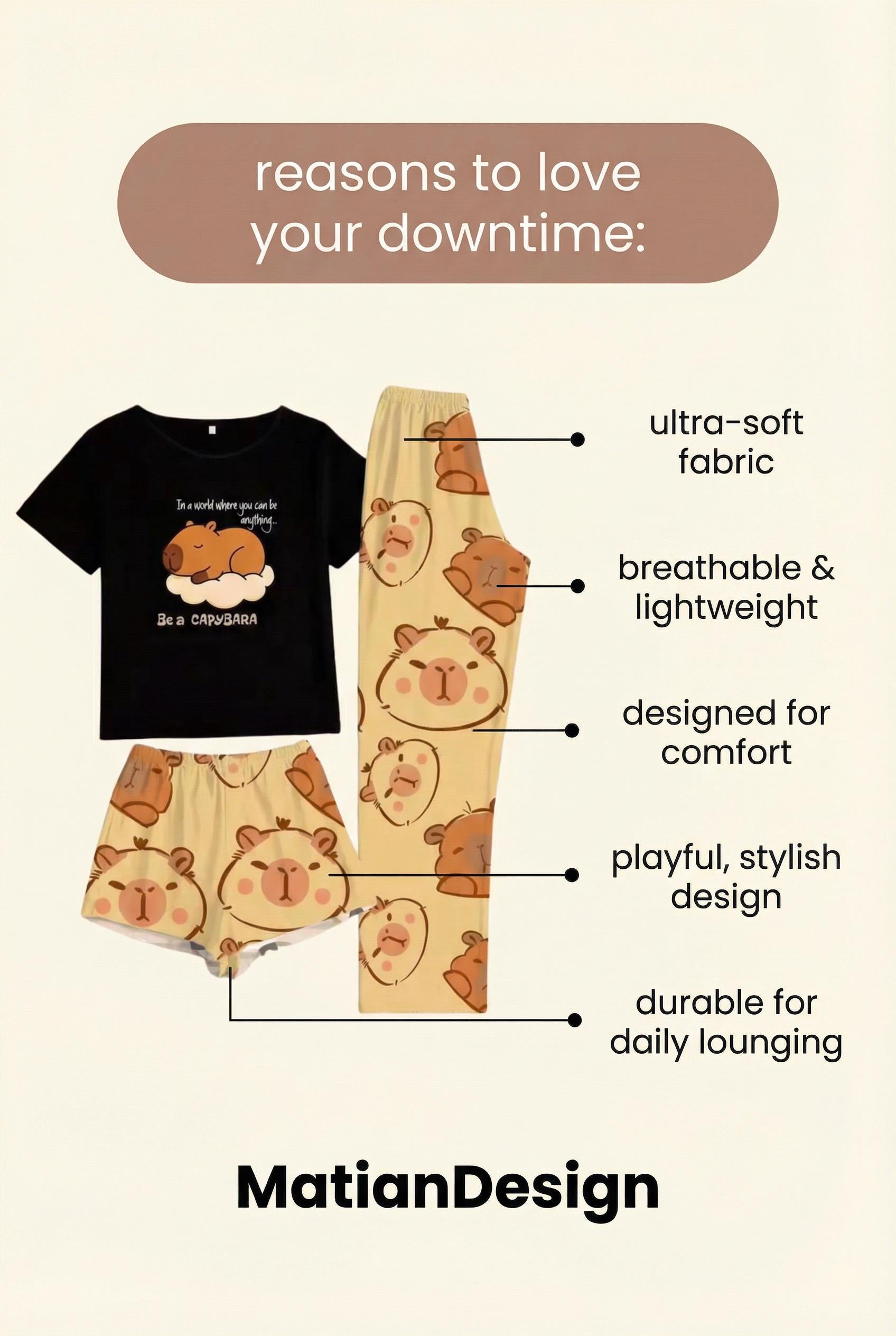 Women’s Capybara Lounge Set Animal Lovers Print Outfit Top bottom and short for home
