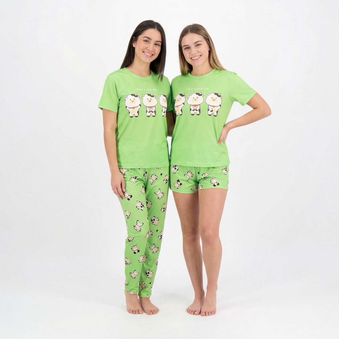 Cartoon Cow Pajama Set • Green 3-Piece Sleepwear for women