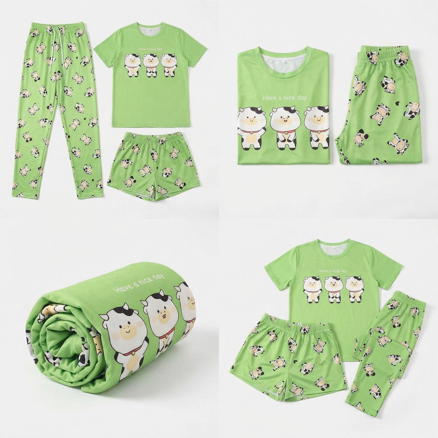 Cartoon Cow Pajama Set • Green 3-Piece Sleepwear for women