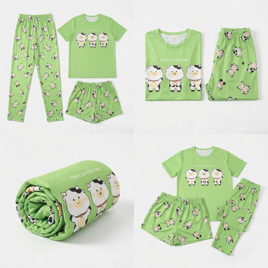 Cartoon Cow Pajama Set • Green 3-Piece Sleepwear for women