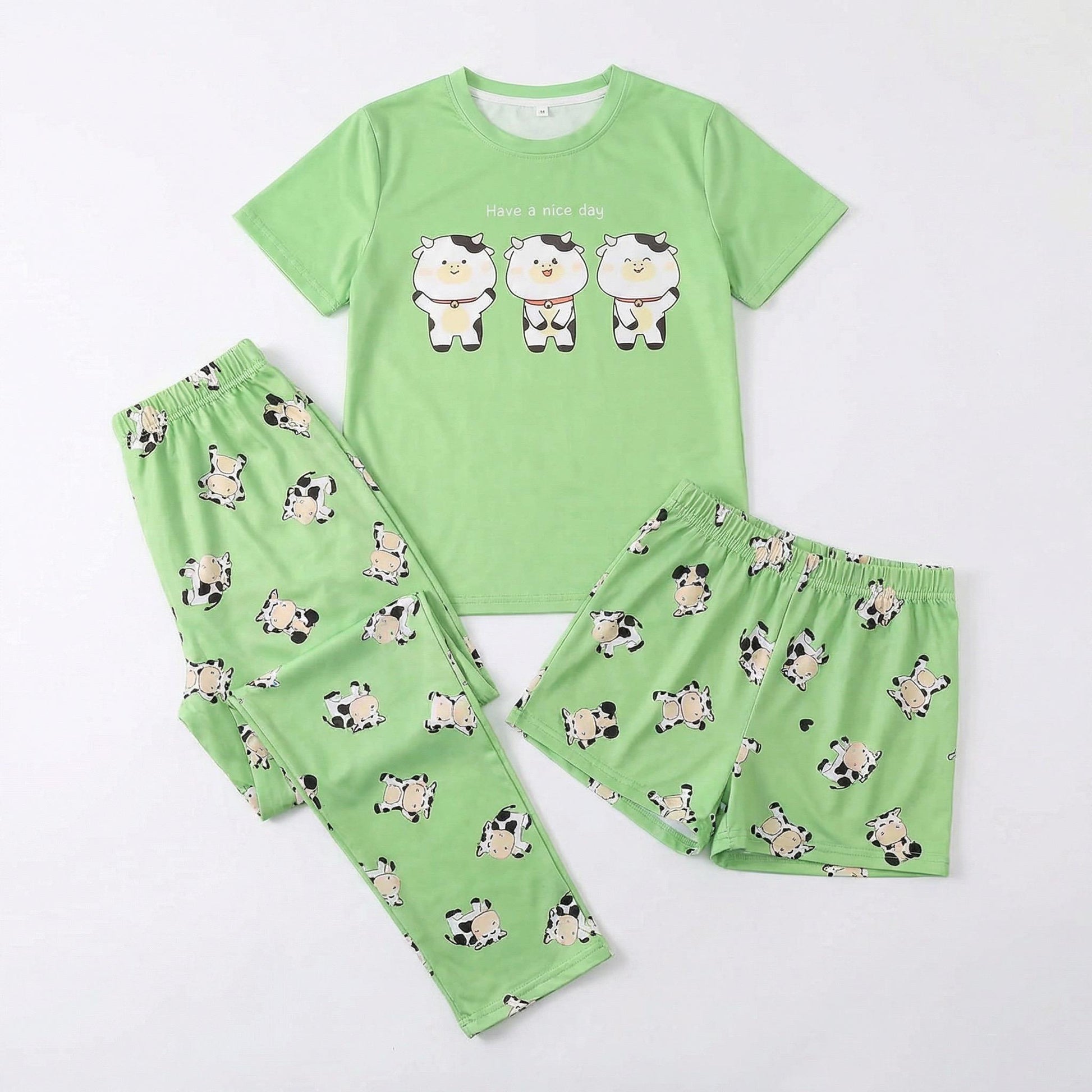 Cartoon Cow Pajama Set • Green 3-Piece Sleepwear for women