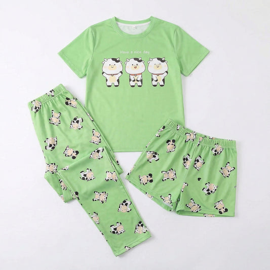Cartoon Cow Pajama Set • Green 3-Piece Sleepwear for women