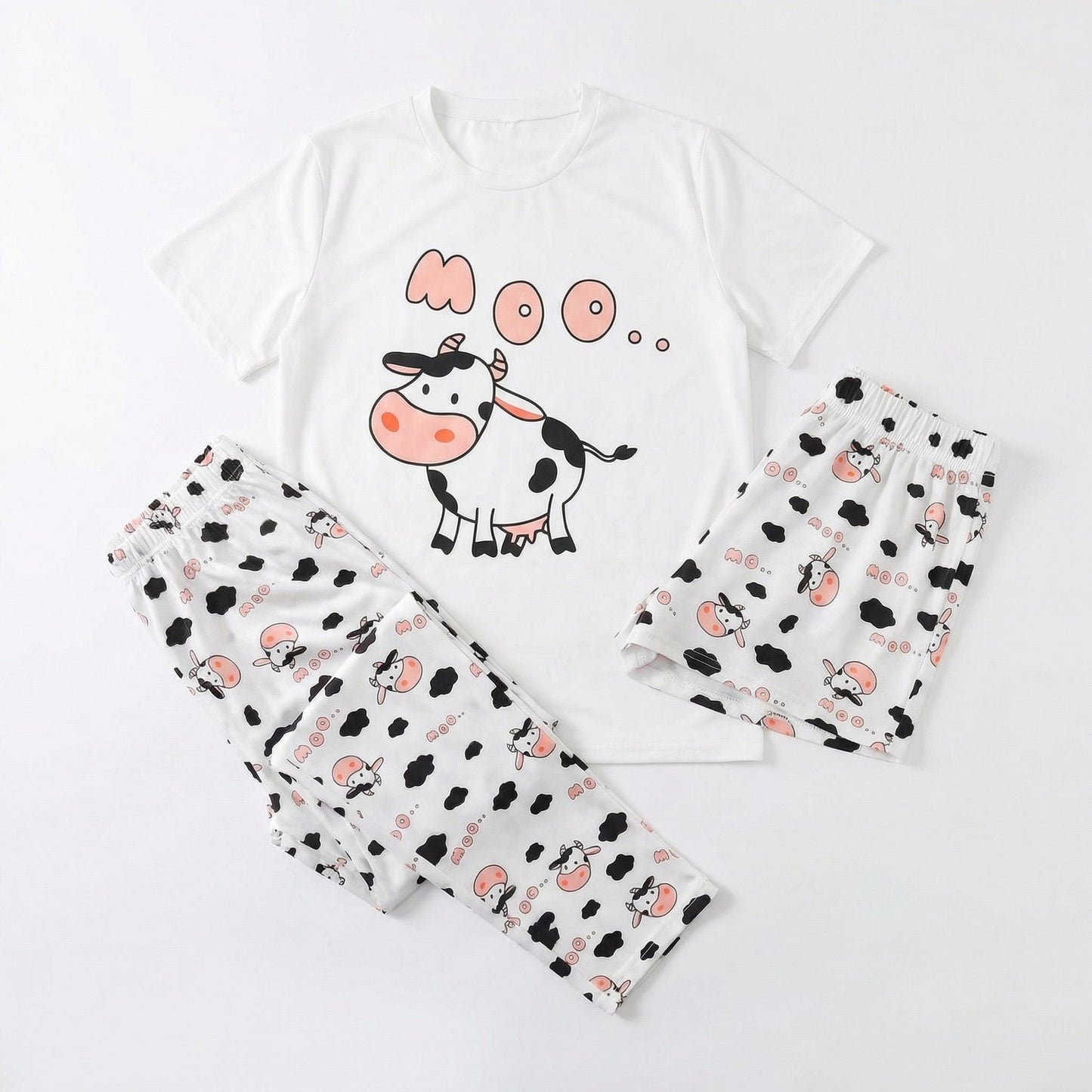 Cow Pajama Set – Women's 3-Piece "MOO" Cartoon Sleepwear for women