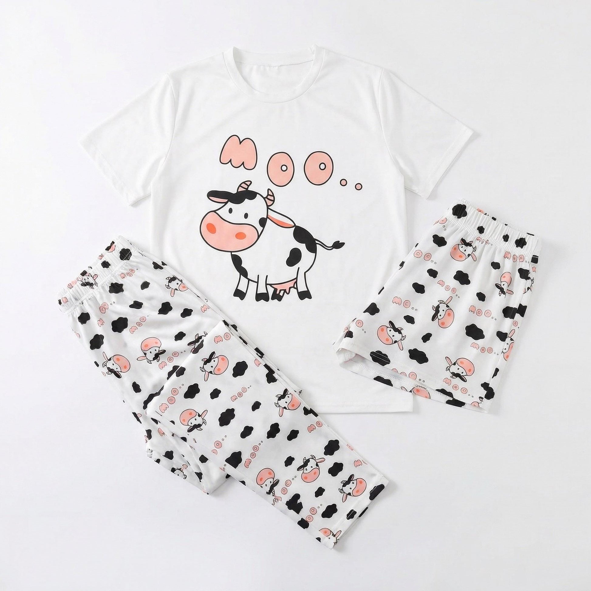 Cow Pajama Set – Women's 3-Piece "MOO" Cartoon Sleepwear for women