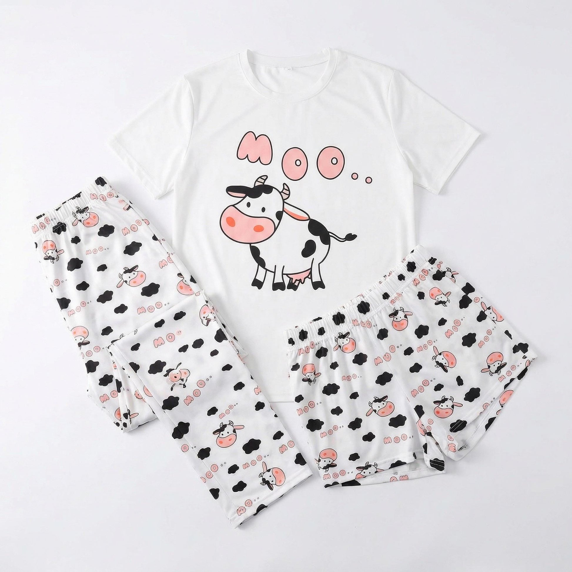 Cow Pajama Set – Women's 3-Piece "MOO" Cartoon Sleepwear for women