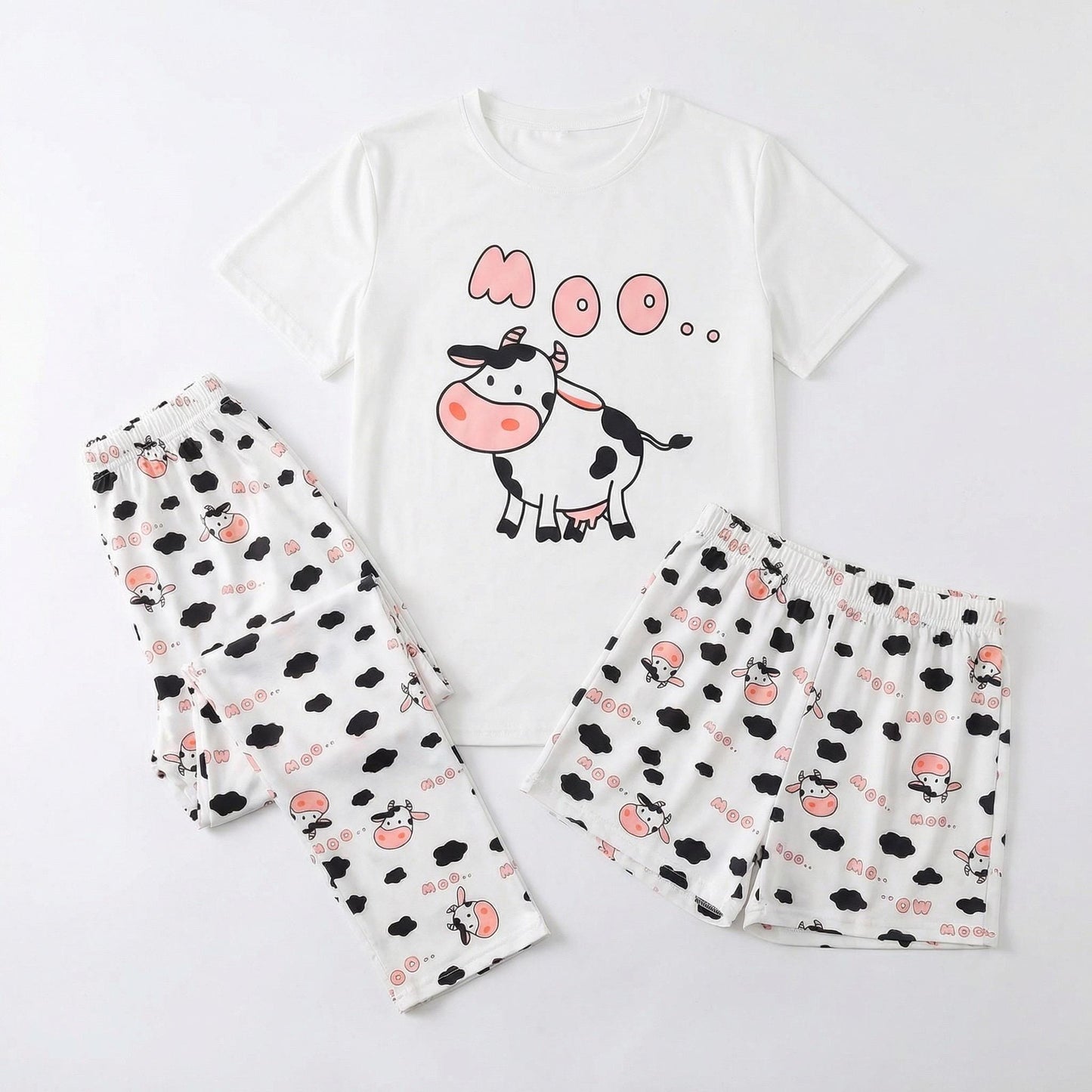 Cow Pajama Set – Women's 3-Piece "MOO" Cartoon Sleepwear for women