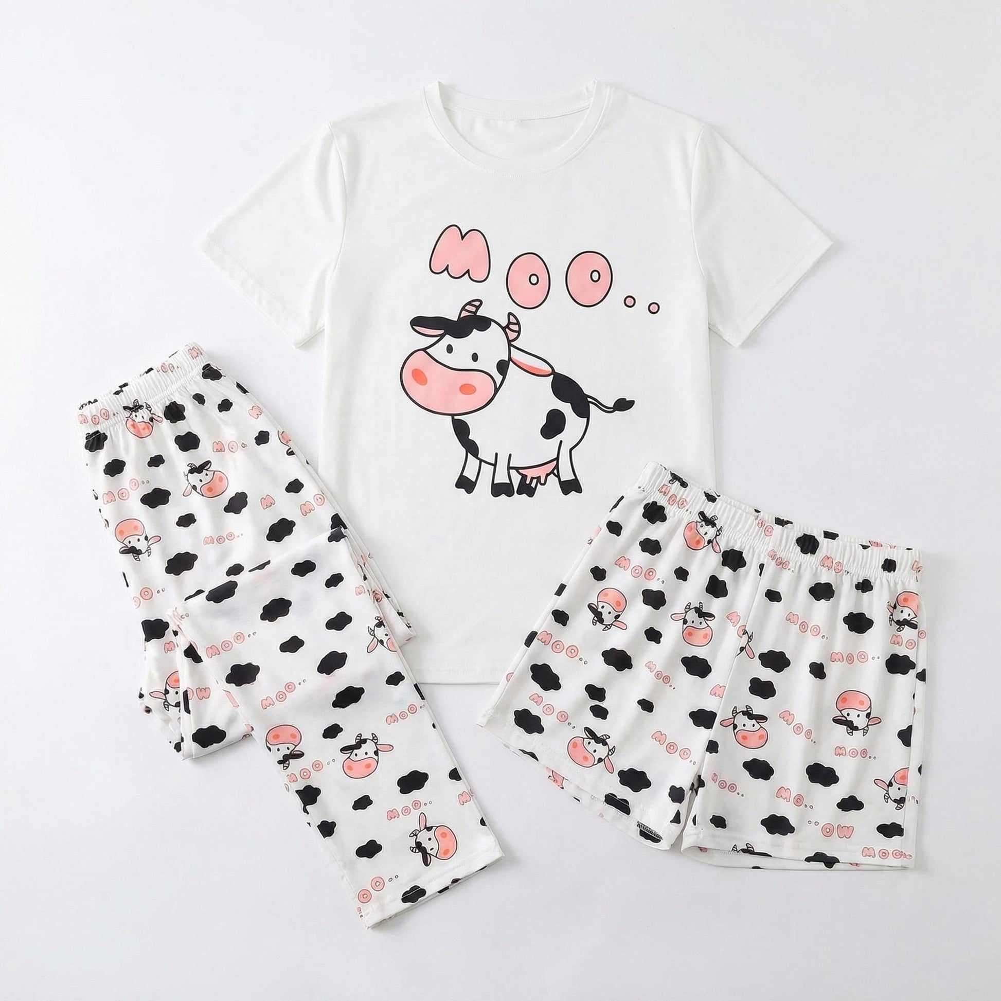 Cow Pajama Set – Women's 3-Piece "MOO" Cartoon Sleepwear for women