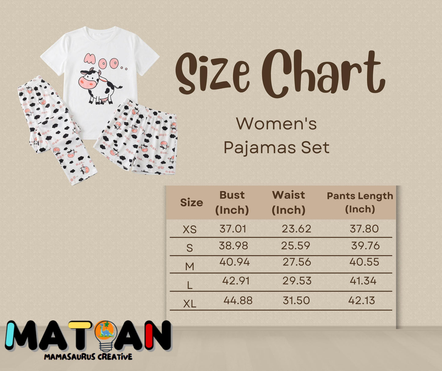 Cow Pajama Set – Women's 3-Piece "MOO" Cartoon Sleepwear for women