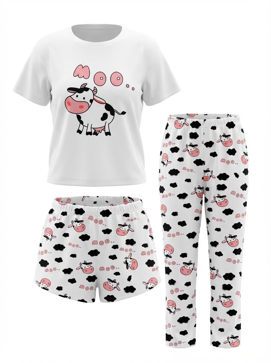 Cow Pajama Set – Women's 3-Piece "MOO" Cartoon Sleepwear for women