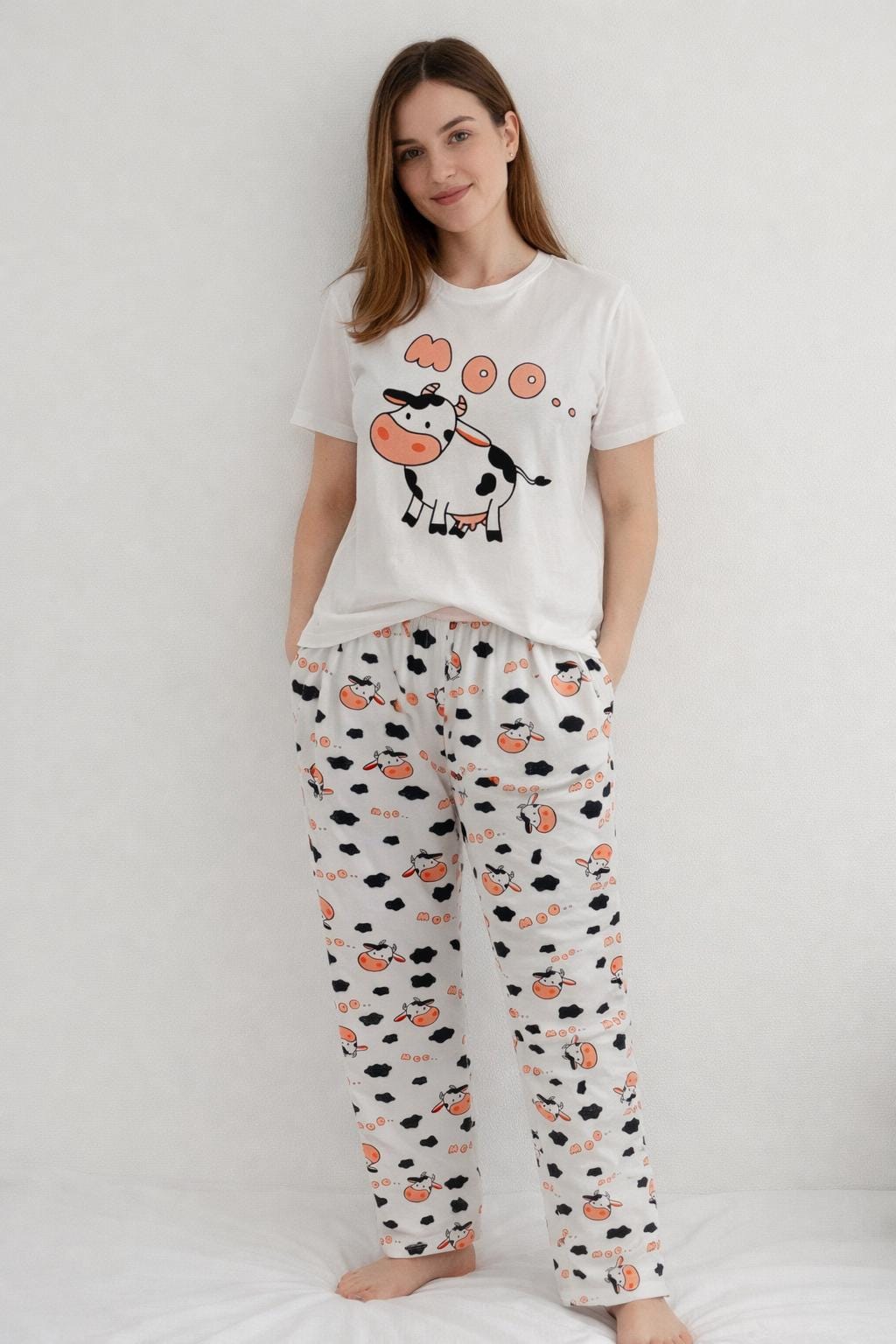 Cow Pajama Set – Women's 3-Piece "MOO" Cartoon Sleepwear for women