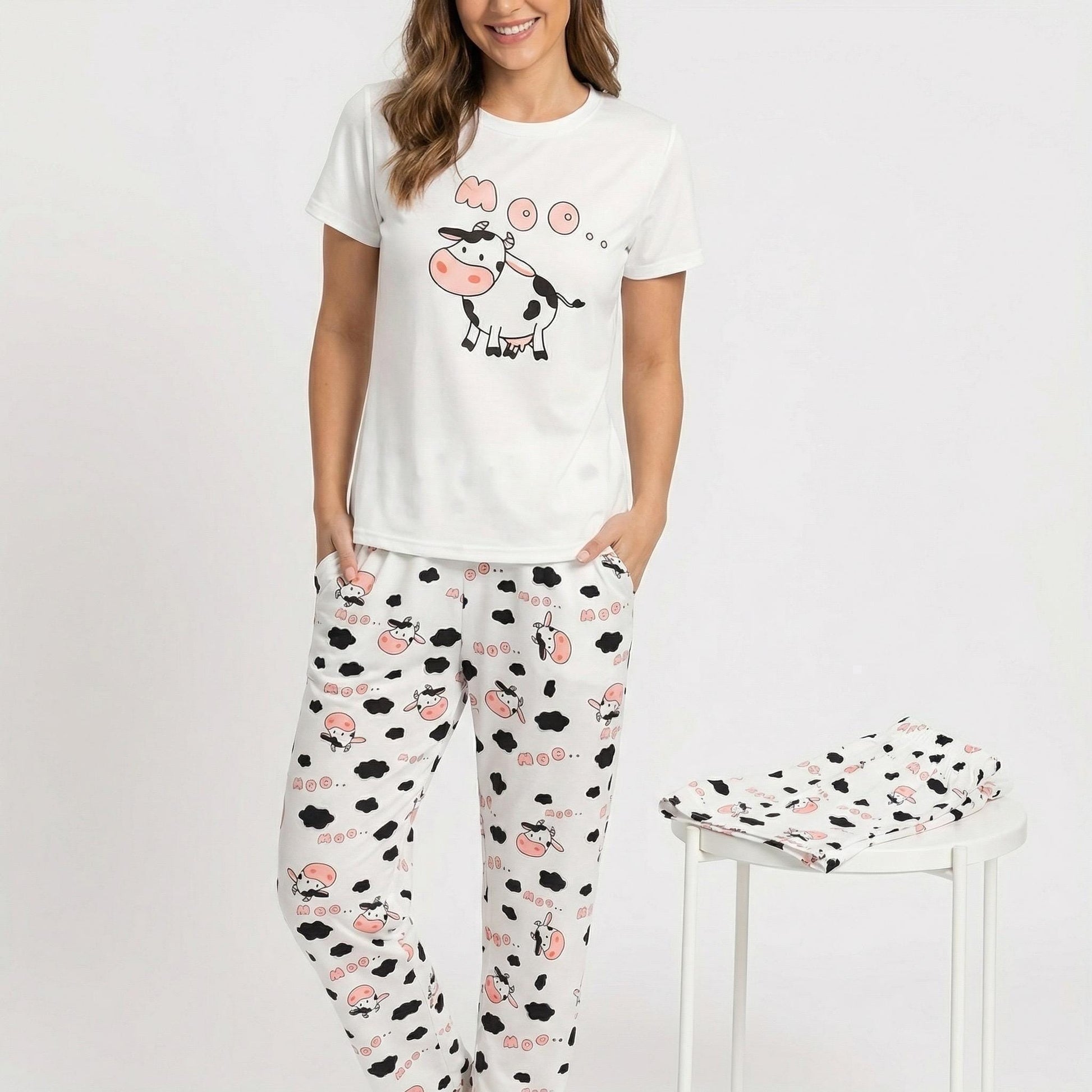 Cow Pajama Set – Women's 3-Piece "MOO" Cartoon Sleepwear for women