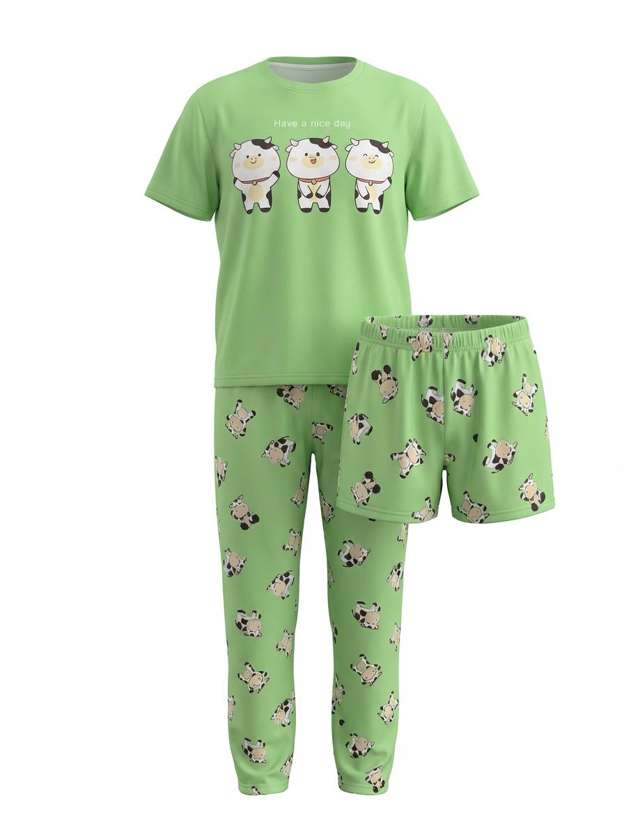 Cartoon Cow Pajama Set • Green 3-Piece Sleepwear for women