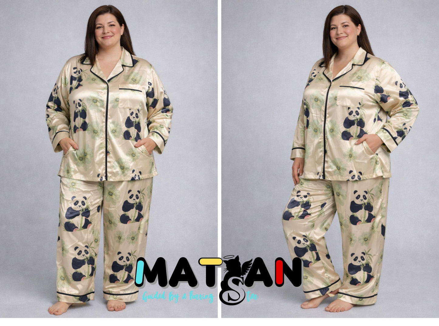 Panda Satin Pajama Set – Women’s 2‑Piece Sleepwear | Cute Animal Print | Unisex Cozy Loungewear | Gift for Her