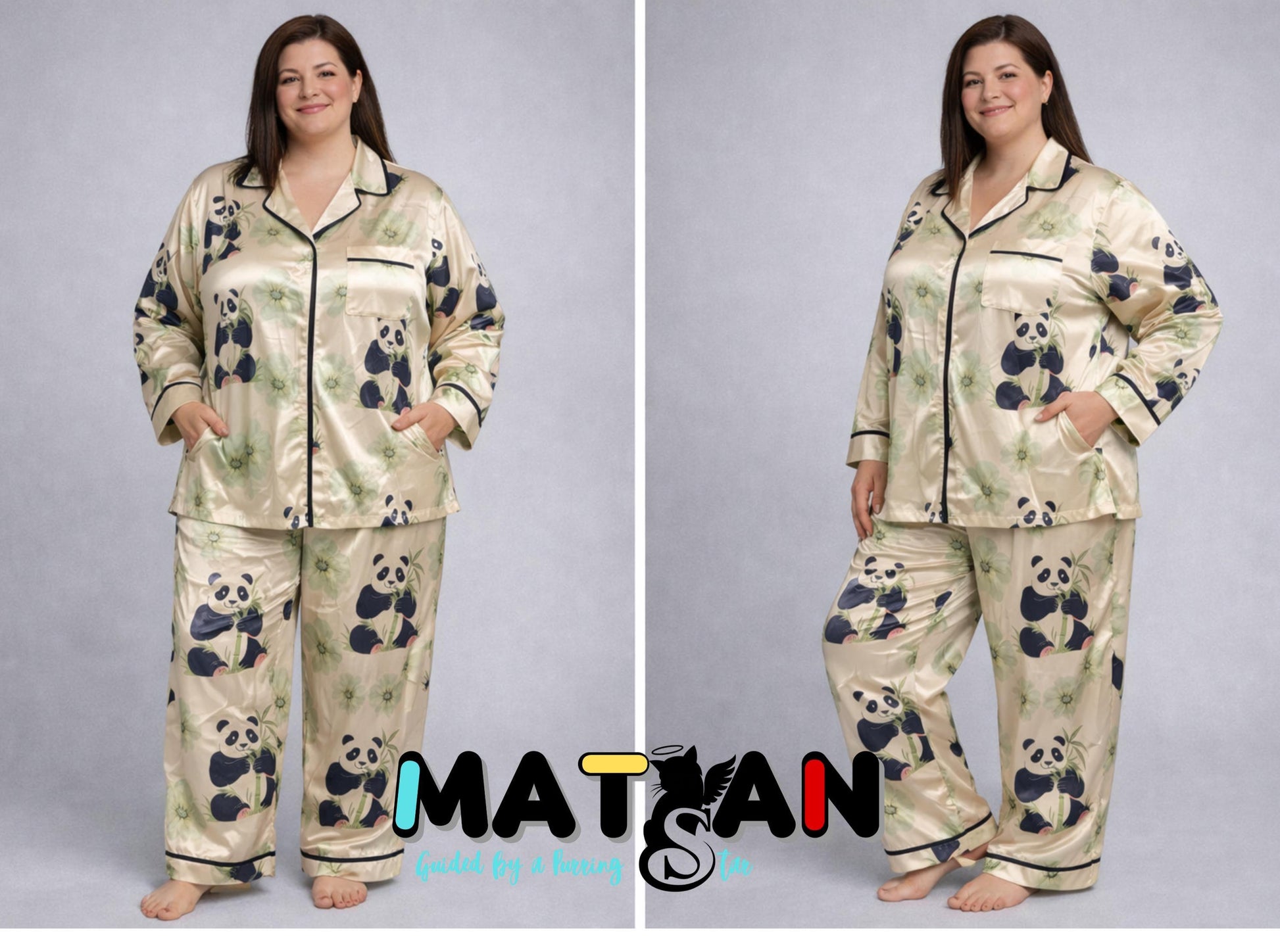 Panda Satin Pajama Set – Women’s 2‑Piece Sleepwear | Cute Animal Print | Unisex Cozy Loungewear | Gift for Her