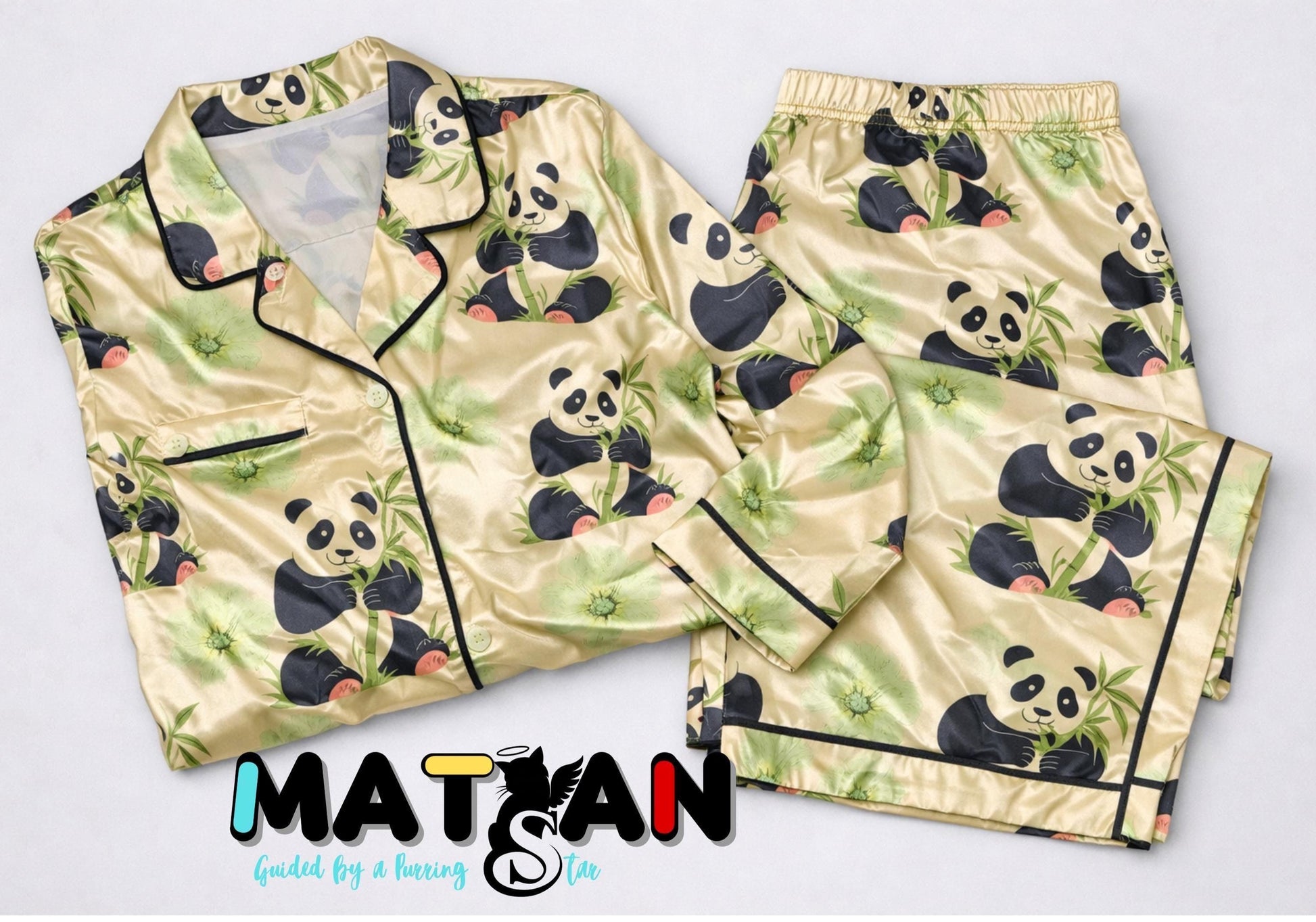 Panda Satin Pajama Set – Women’s 2‑Piece Sleepwear | Cute Animal Print | Unisex Cozy Loungewear | Gift for Her