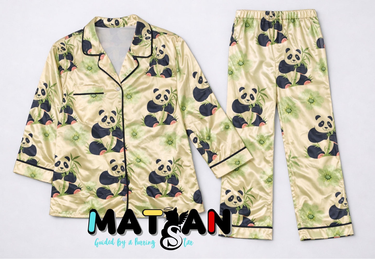 Panda Satin Pajama Set – Women’s 2‑Piece Sleepwear | Cute Animal Print | Unisex Cozy Loungewear | Gift for Her