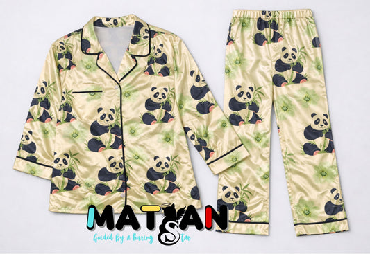 Panda Satin Pajama Set – Women’s 2‑Piece Sleepwear | Cute Animal Print | Unisex Cozy Loungewear | Gift for Her