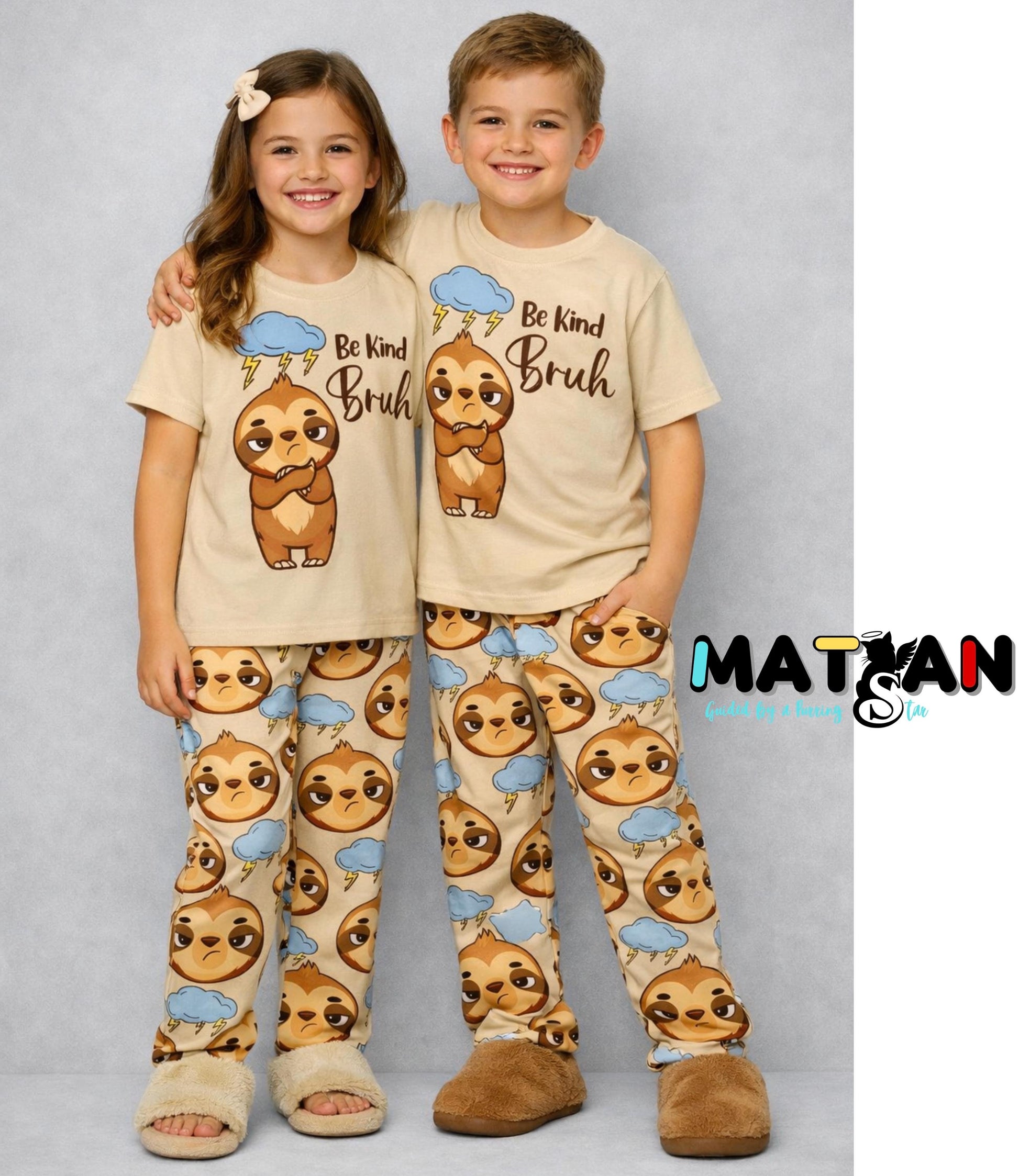 Sloth Pajama Youth Set • "Be Kind Bruh" Loungewear • Unisex 2-Piece Sleepwear