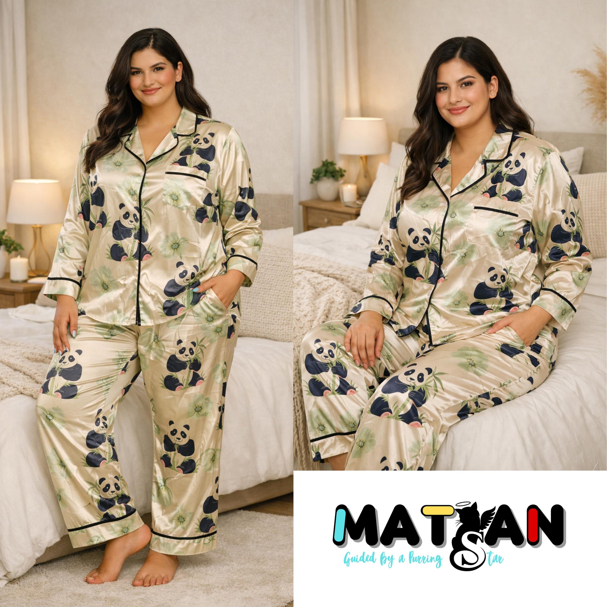 Panda Satin Pajama Set – Women’s 2‑Piece Sleepwear | Cute Animal Print | Unisex Cozy Loungewear | Gift for Her
