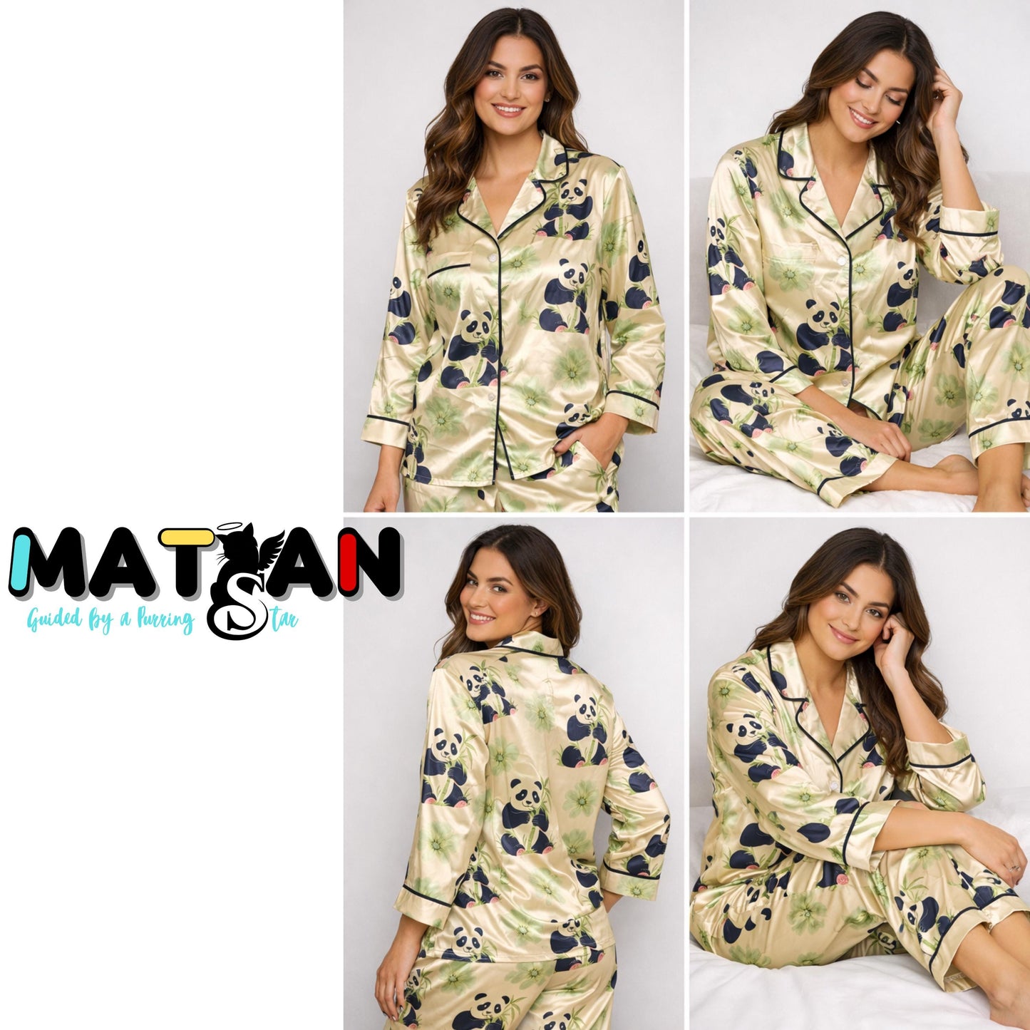 Panda Satin Pajama Set – Women’s 2‑Piece Sleepwear | Cute Animal Print | Unisex Cozy Loungewear | Gift for Her