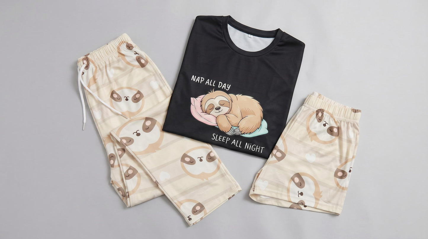 Sleepy Sloth Pajama Set – Cozy 3‑Piece Soft Sleepwear | Cute Women’s Pajamas | Unisex Loungewear | Gift for Her