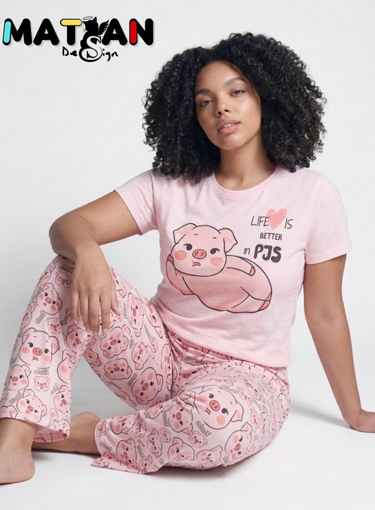 Pink Pig Pajama Set | “Life Is Better in PJs” | Cute Oink Sleepwear for Women | Soft & Cozy Gift for Her